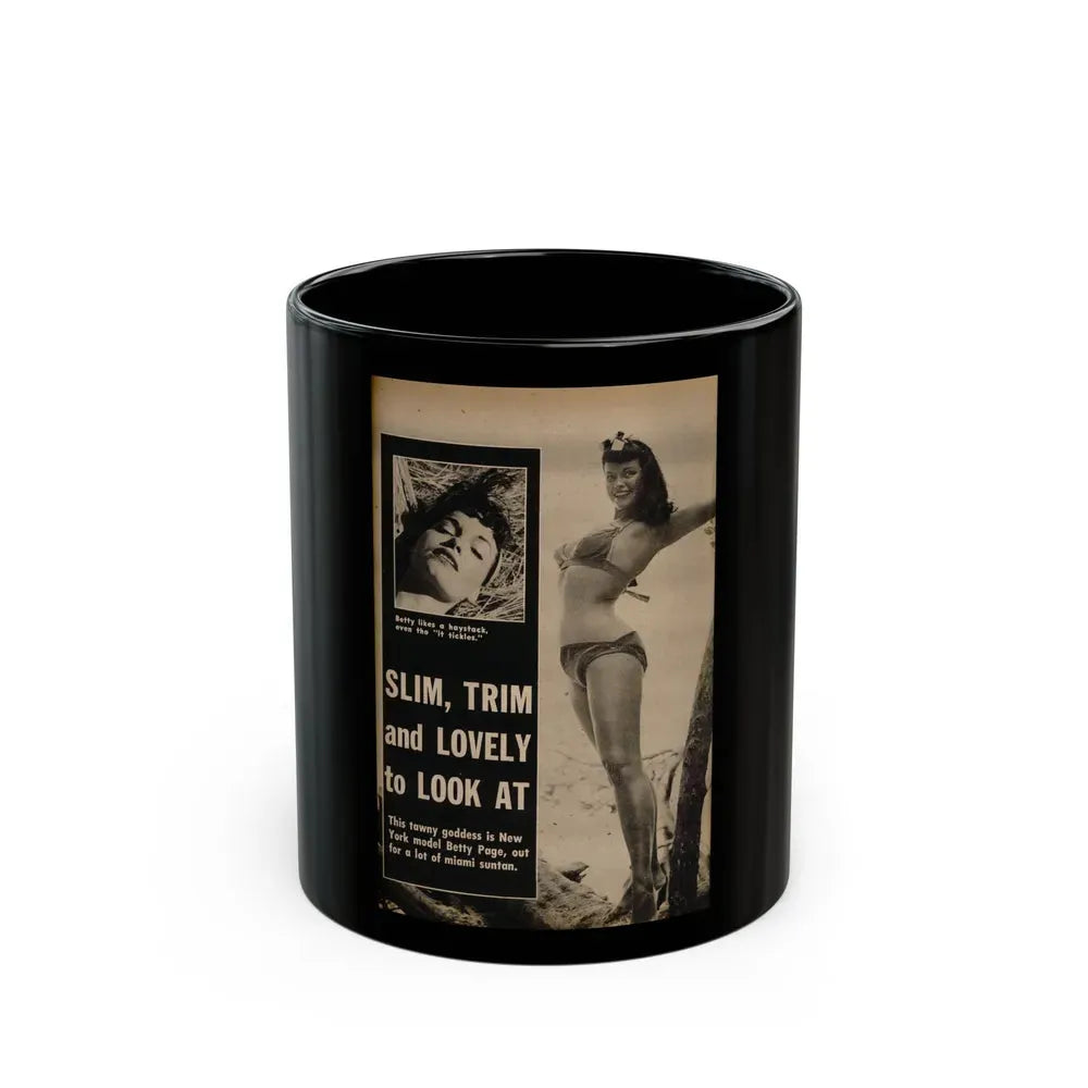 Bettie Page #1058 - 2 B&W Photos & Captions from Foto-rama Digest Mag. March '56 (Vintage Female Icon) Black Coffee Mug 11oz - Go Mug Yourself
