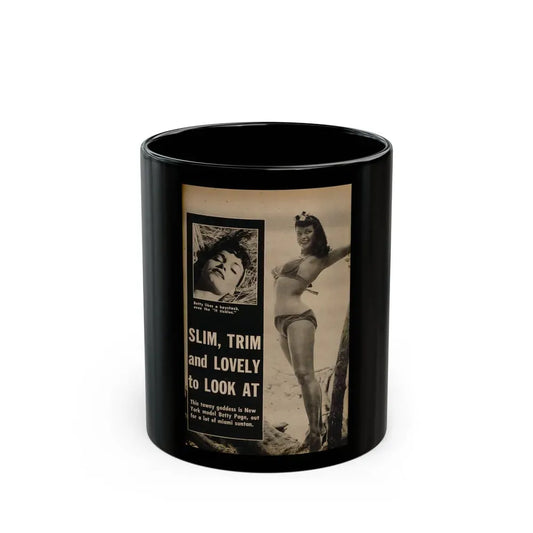 Bettie Page #1058 - 2 B&W Photos & Captions from Foto-rama Digest Mag. March '56 (Vintage Female Icon) Black Coffee Mug 11oz - Go Mug Yourself