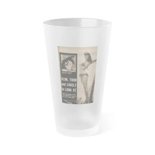 Bettie Page #1058 - 2 B&W Photos & Captions from Foto-rama Digest Mag. March '56 (Vintage Female Icon) Frosted Pint Glass 16oz 16oz Frosted - Go Mug Yourself
