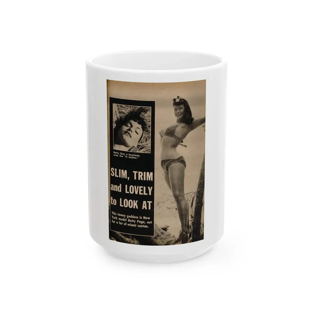 Bettie Page #1058 - 2 B&W Photos & Captions from Foto-rama Digest Mag. March '56 (Vintage Female Icon) White Coffee Mug 15oz - Go Mug Yourself