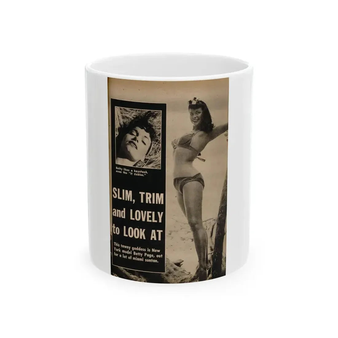 Bettie Page #1058 - 2 B&W Photos & Captions from Foto-rama Digest Mag. March '56 (Vintage Female Icon) White Coffee Mug - Go Mug Yourself