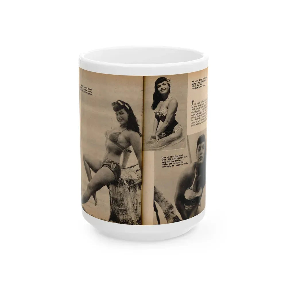 Bettie Page #1059 - 3 B&W Photos & Captions & Short Article from Foto-rama Digest Mag. March '56 (Vintage Female Icon) White Coffee Mug 15oz - Go Mug Yourself