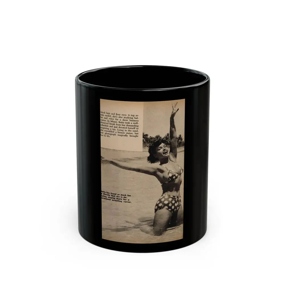 Bettie Page #1060 - 1 B&W Photo, Caption & Short Article End from Foto-rama Digest Mag. March '56 (Vintage Female Icon) Black Coffee Mug 11oz - Go Mug Yourself