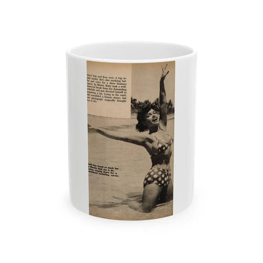 Bettie Page #1060 - 1 B&W Photo, Caption & Short Article End from Foto-rama Digest Mag. March '56 (Vintage Female Icon) White Coffee Mug 11oz - Go Mug Yourself
