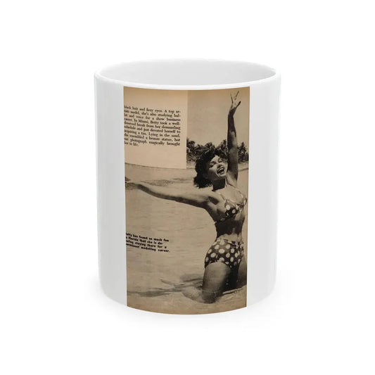 Bettie Page #1060 - 1 B&W Photo, Caption & Short Article End from Foto-rama Digest Mag. March '56 (Vintage Female Icon) White Coffee Mug 11oz - Go Mug Yourself