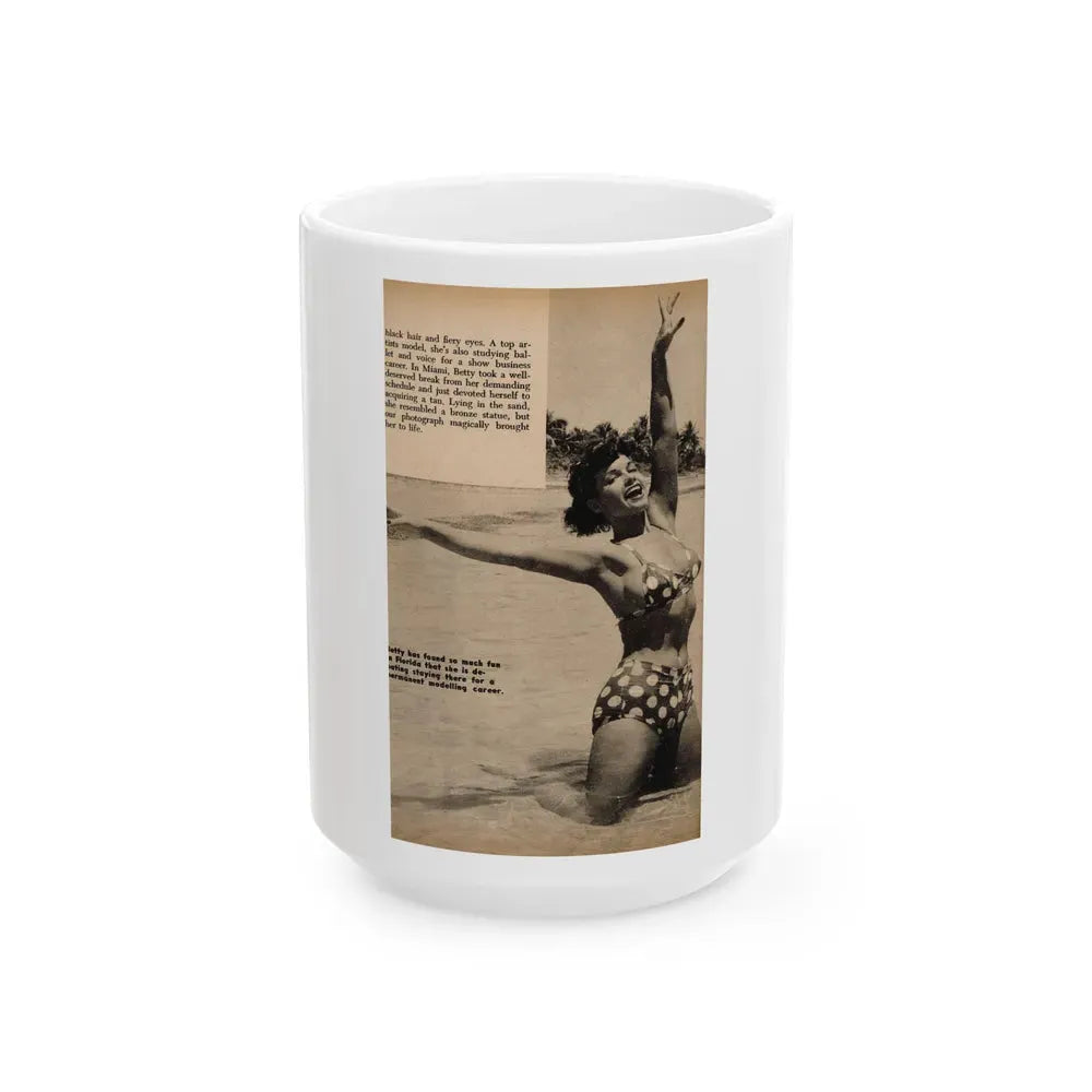 Bettie Page #1060 - 1 B&W Photo, Caption & Short Article End from Foto-rama Digest Mag. March '56 (Vintage Female Icon) White Coffee Mug 15oz - Go Mug Yourself