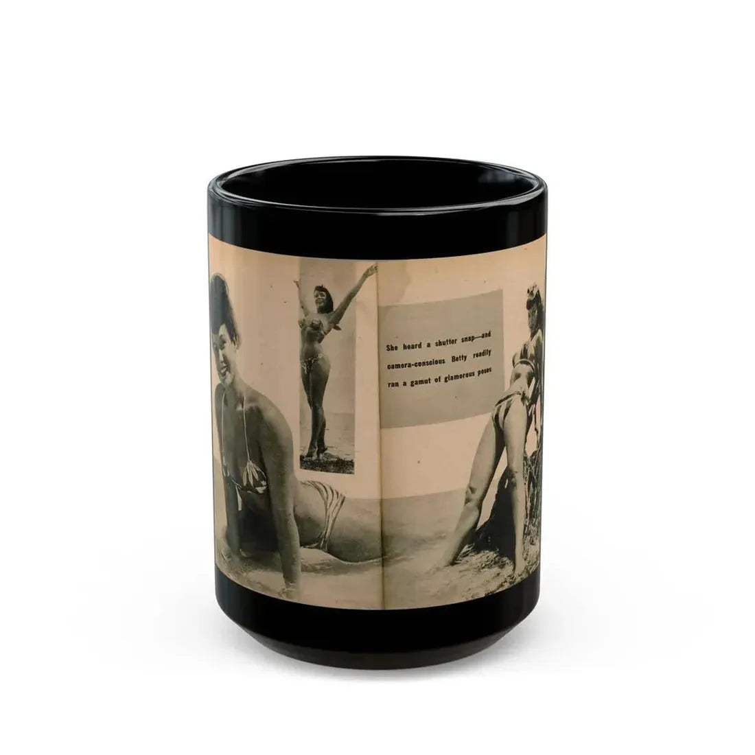 Bettie Page #1062 - Pages 3 & 4 of 8 with, 2 B&W Photos & Caption from PHOTO Digest Mag. Nov. '54 (Vintage Female Icon) Black Coffee Mug 15oz - Go Mug Yourself