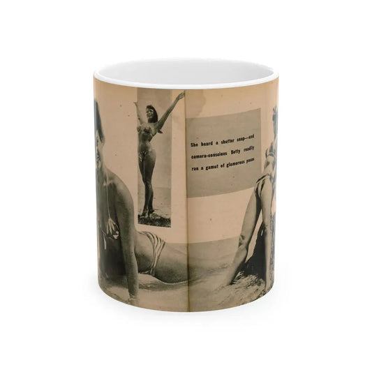 Bettie Page #1062 - Pages 3 & 4 of 8 with, 2 B&W Photos & Caption from PHOTO Digest Mag. Nov. '54 (Vintage Female Icon) White Coffee Mug 11oz - Go Mug Yourself