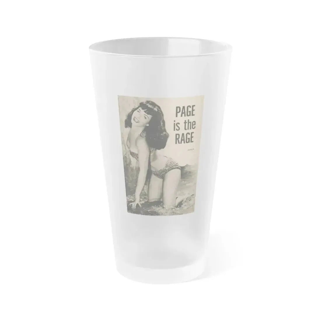 Bettie Page #1065 - Pages 1 of 6 with, 1 Full Page B&W Photo & Caption from BRIEF Digest Mag. Nov. '54 (Vintage Female Icon) Frosted Pint Glass 16oz 16oz Frosted - Go Mug Yourself
