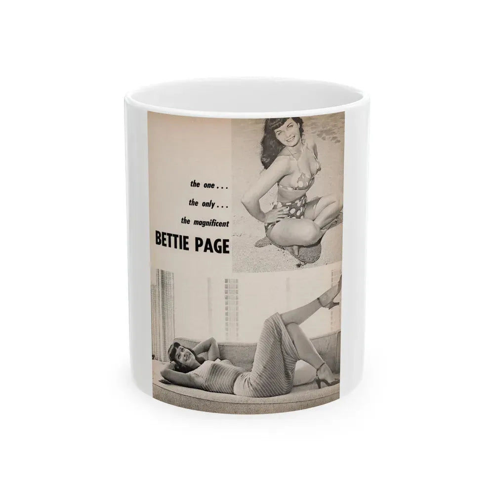 Bettie Page #1069 - Pages 1 of 4 with, 2 B&W Photos & Headline from After Hours Vol. 1, No. 4 '57 Mag. (Vintage Female Icon) White Coffee Mug 11oz - Go Mug Yourself