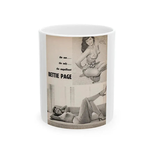 Bettie Page #1069 - Pages 1 of 4 with, 2 B&W Photos & Headline from After Hours Vol. 1, No. 4 '57 Mag. (Vintage Female Icon) White Coffee Mug 11oz - Go Mug Yourself