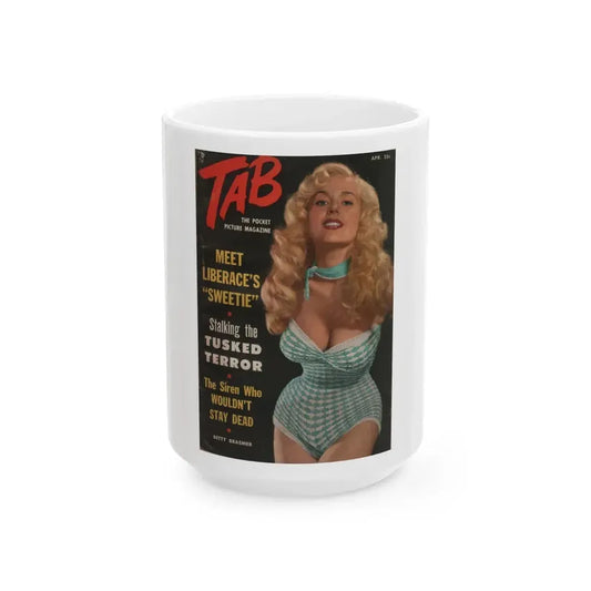 Betty Brosmer #163 - Tab Digest Mag. April '55 - Betty on Cover in Color (Vintage Female Icon) White Coffee Mug 15oz - Go Mug Yourself