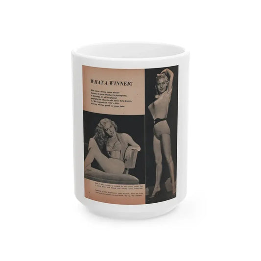 Betty Brosmer #166 - Gala Mag. Jan. '53 - 2 B&W Photos & Captions (Vintage Female Icon) White Coffee Mug 15oz - Go Mug Yourself