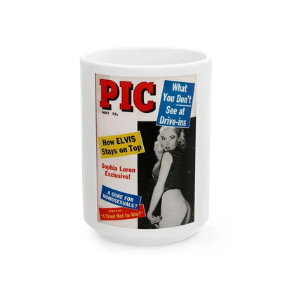 Betty Brosmer #235 - Betty on Cover of PIC Digest Mag. May '57 (Vintage Female Icon) White Coffee Mug 15oz - Go Mug Yourself