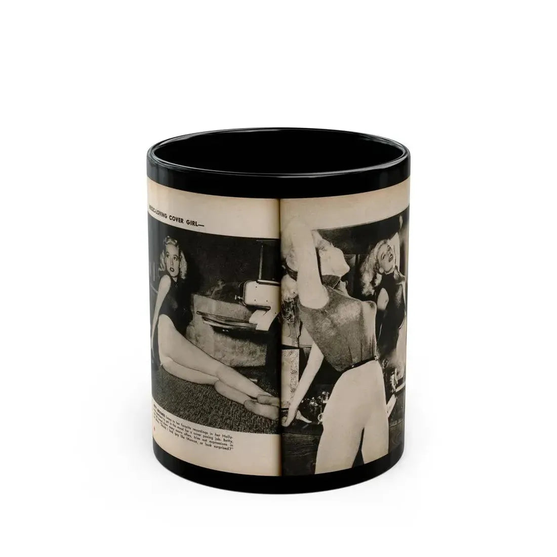 Betty Brosmer #237 - 2 Pages, 2 B&W Photos & Caption from PIC Digest Mag. May '57 (Vintage Female Icon) Black Coffee Mug 11oz - Go Mug Yourself