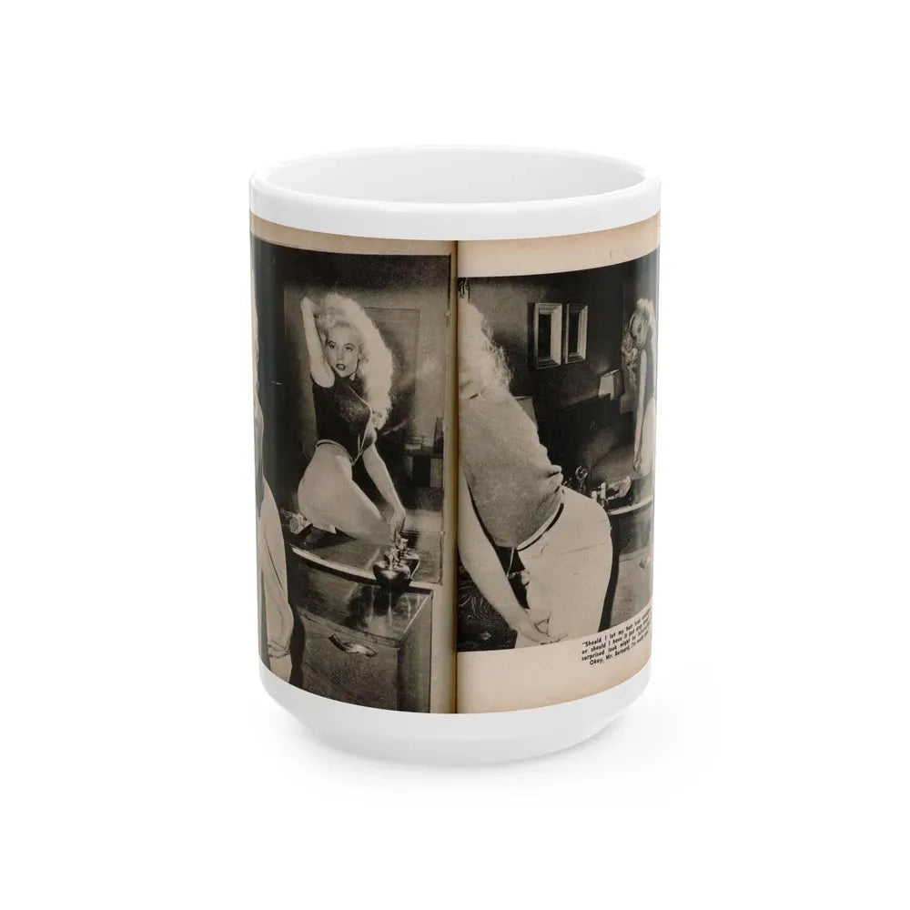 Betty Brosmer #238 - 2 Pages & 2 B&W Photos & Caption from PIC Digest Mag. May '57 (Vintage Female Icon) White Coffee Mug 15oz - Go Mug Yourself