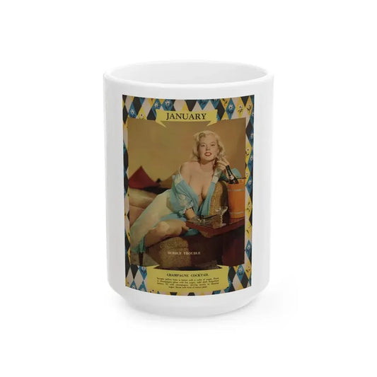 Betty Brosmer #241 - 1 Full Color Page January Calendar Pin-Up from Jem Mag. June '58 (Vintage Female Icon) White Coffee Mug 15oz - Go Mug Yourself