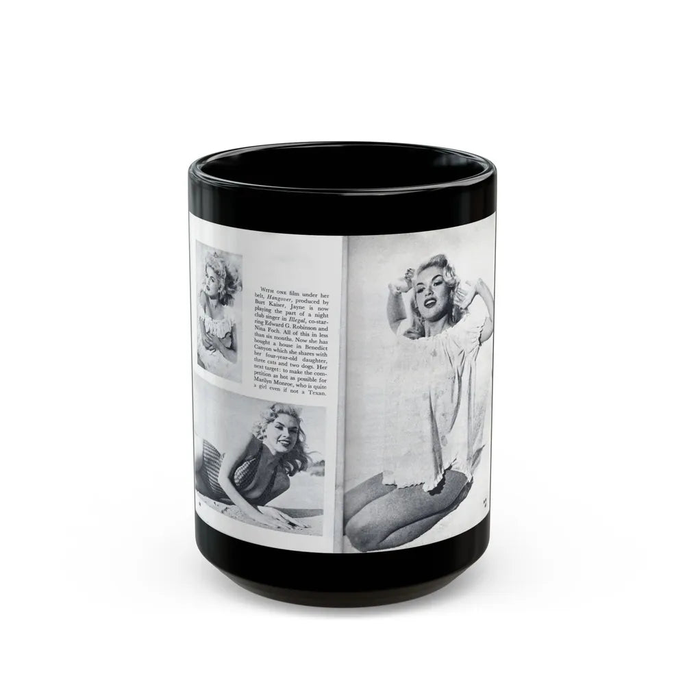 Jayne Mansfield #318 - Pages 43 & 44 Pages 5 & 6 of 6 featuring, Jayne+3 B&W Photos & Caption from Pageant Digest Mag. June '55 (Vintage Female Icon) Black Coffee Mug-15oz-Go Mug Yourself