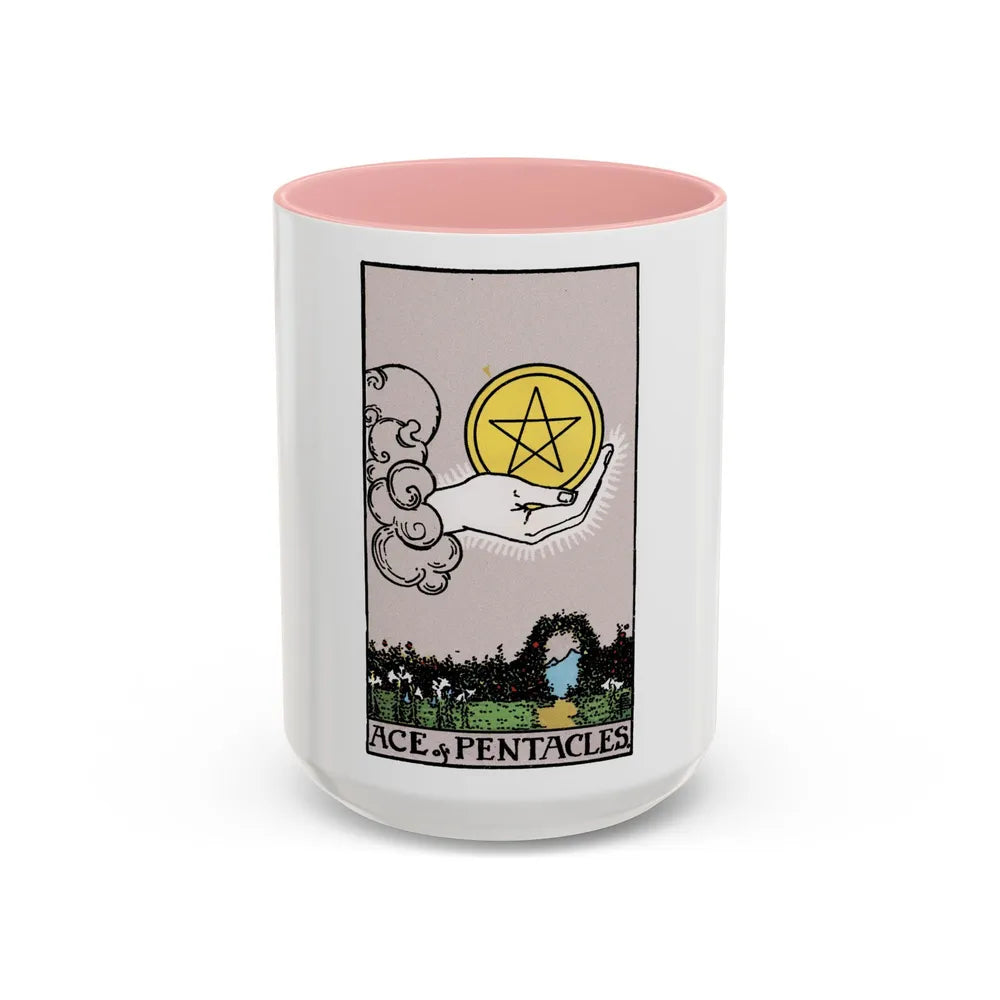 The Ace of p of Pentacles (Tarot Card) Accent Coffee Mug-15oz-Pink-Go Mug Yourself