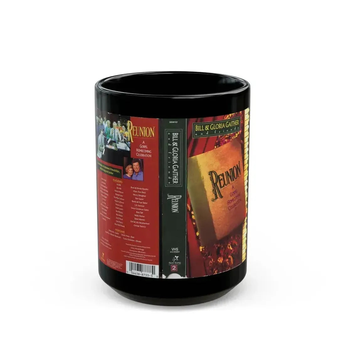 BILL AND GLORIA GAITHER AND FRIENDS REUNION A GOSPEL HOMECOMING CELEBRATION (VHS COVER) - Black Coffee Mug 15oz - Go Mug Yourself