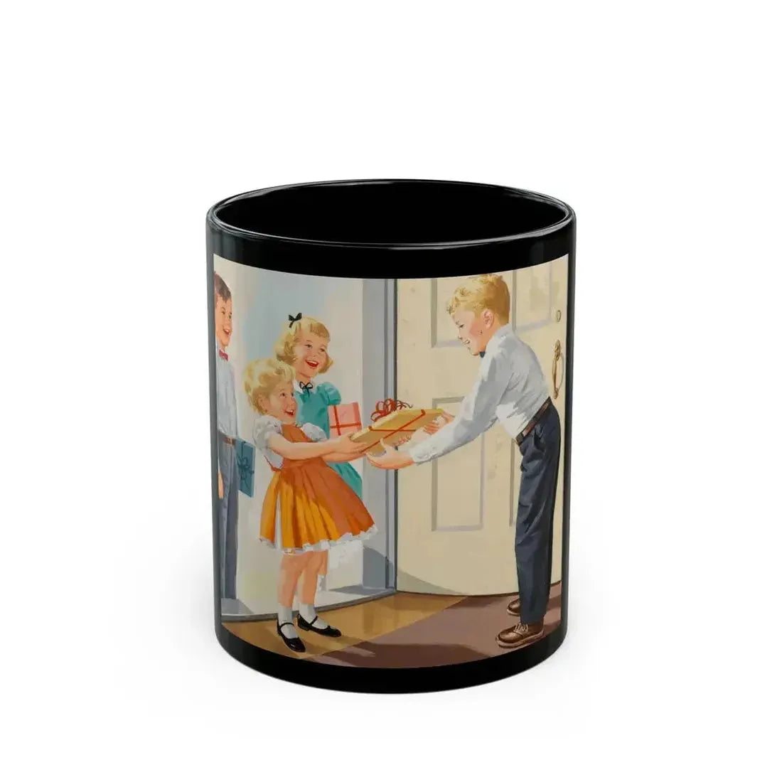 Birthday Party, Dick and Jane illustration - Black Coffee Mug 11oz - Go Mug Yourself