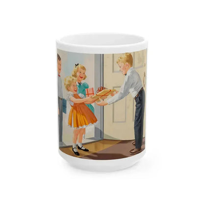 Birthday Party, Dick and Jane illustration - White Coffee Mug 15oz - Go Mug Yourself