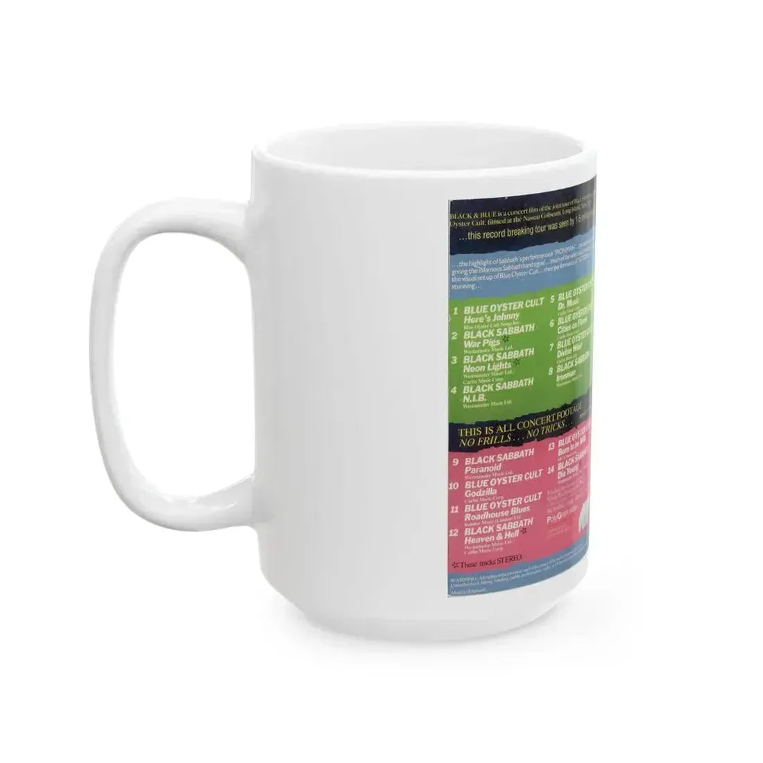 BLACK AND BLUE BLACK SABBATH AND BLUE OYSTER CULT (VHS COVER) - White Coffee Mug - Go Mug Yourself