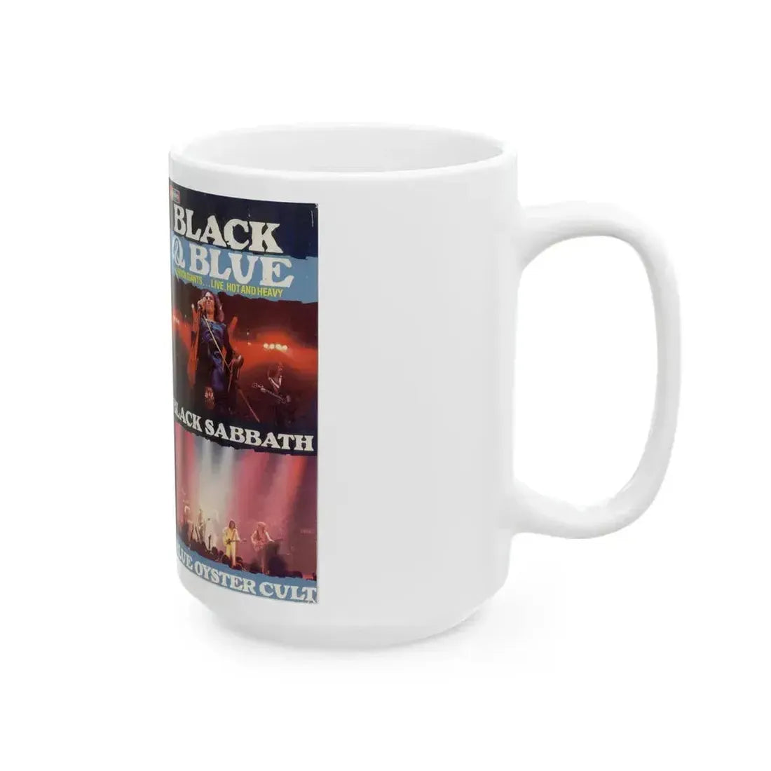 BLACK AND BLUE BLACK SABBATH AND BLUE OYSTER CULT (VHS COVER) - White Coffee Mug - Go Mug Yourself