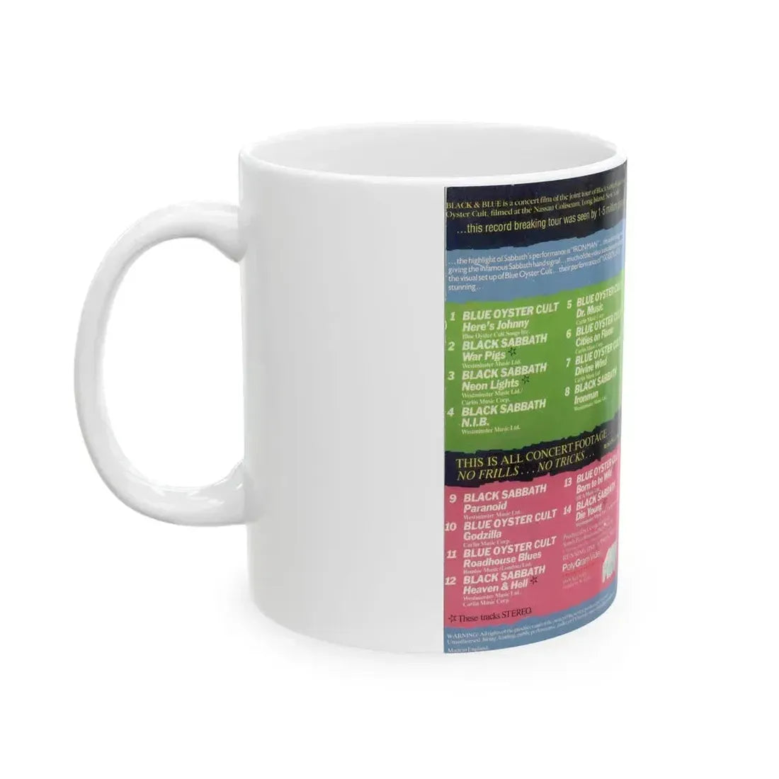 BLACK AND BLUE BLACK SABBATH AND BLUE OYSTER CULT (VHS COVER) - White Coffee Mug - Go Mug Yourself