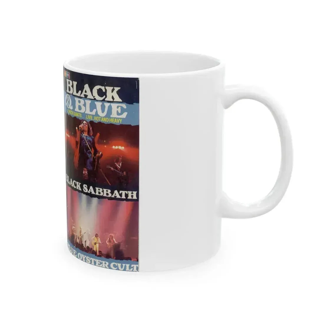 BLACK AND BLUE BLACK SABBATH AND BLUE OYSTER CULT (VHS COVER) - White Coffee Mug - Go Mug Yourself