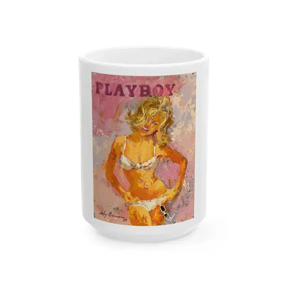 Blonde Pin-Up in White Bikini, Playboy, 1964 - White Coffee Mug 15oz - Go Mug Yourself