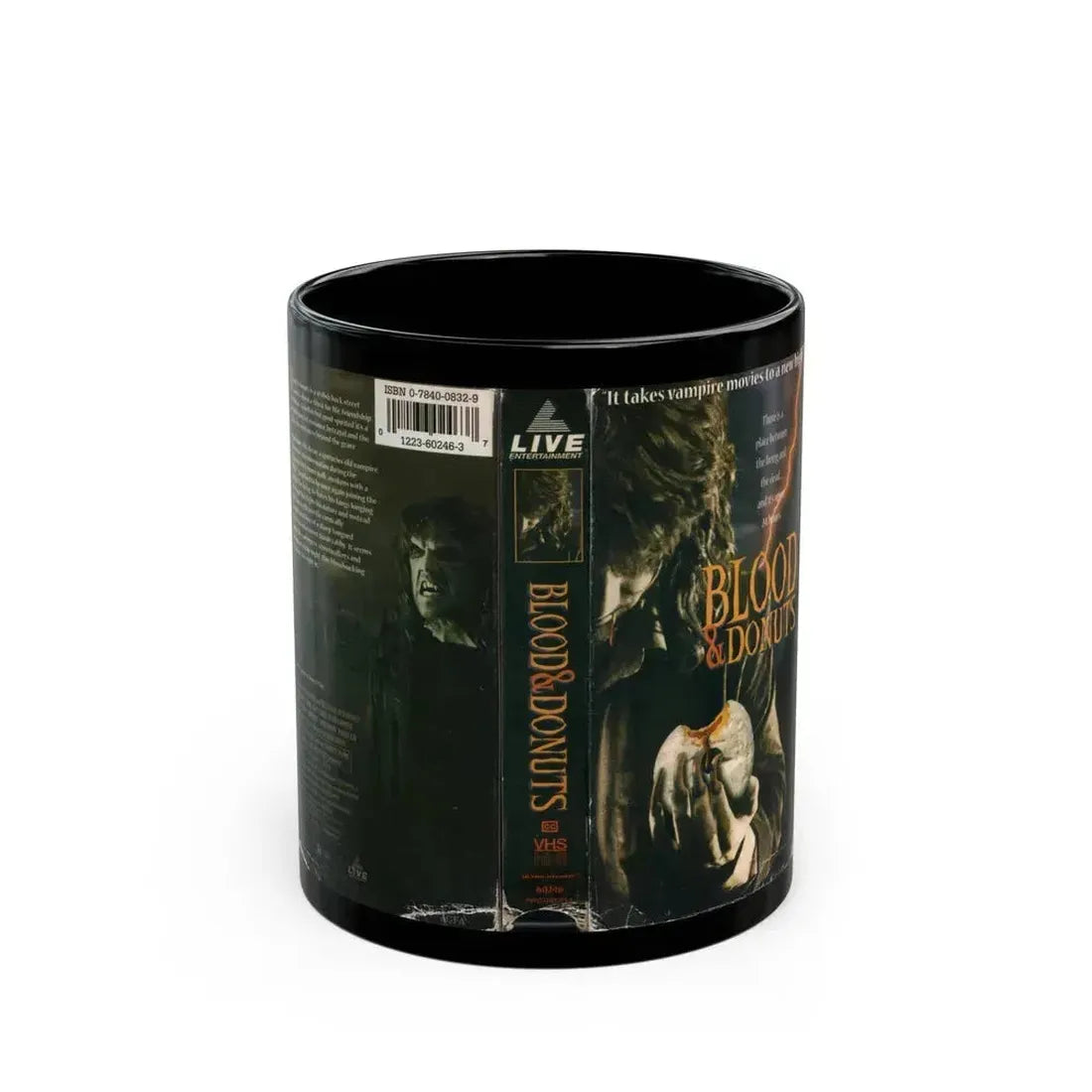 BLOOD AND DONUTS (VHS COVER) - Black Coffee Mug 11oz - Go Mug Yourself