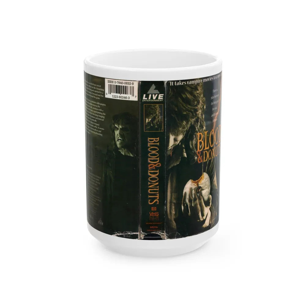 BLOOD AND DONUTS (VHS COVER) - White Coffee Mug-15oz-Go Mug Yourself