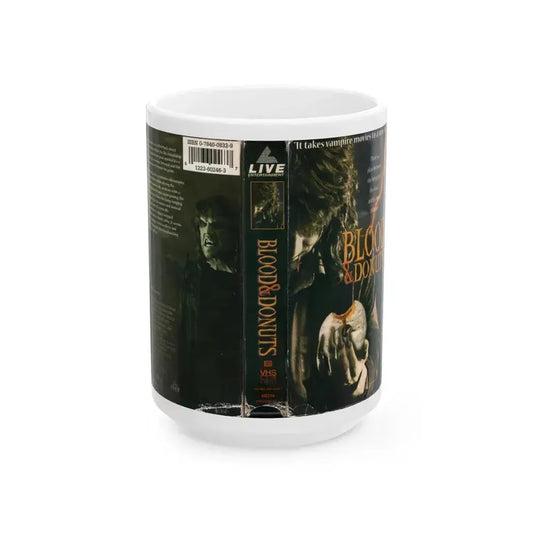 BLOOD AND DONUTS (VHS COVER) - White Coffee Mug 15oz - Go Mug Yourself