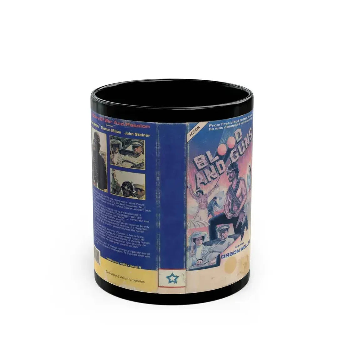 BLOOD AND GUNS (VHS COVER) - Black Coffee Mug 11oz - Go Mug Yourself