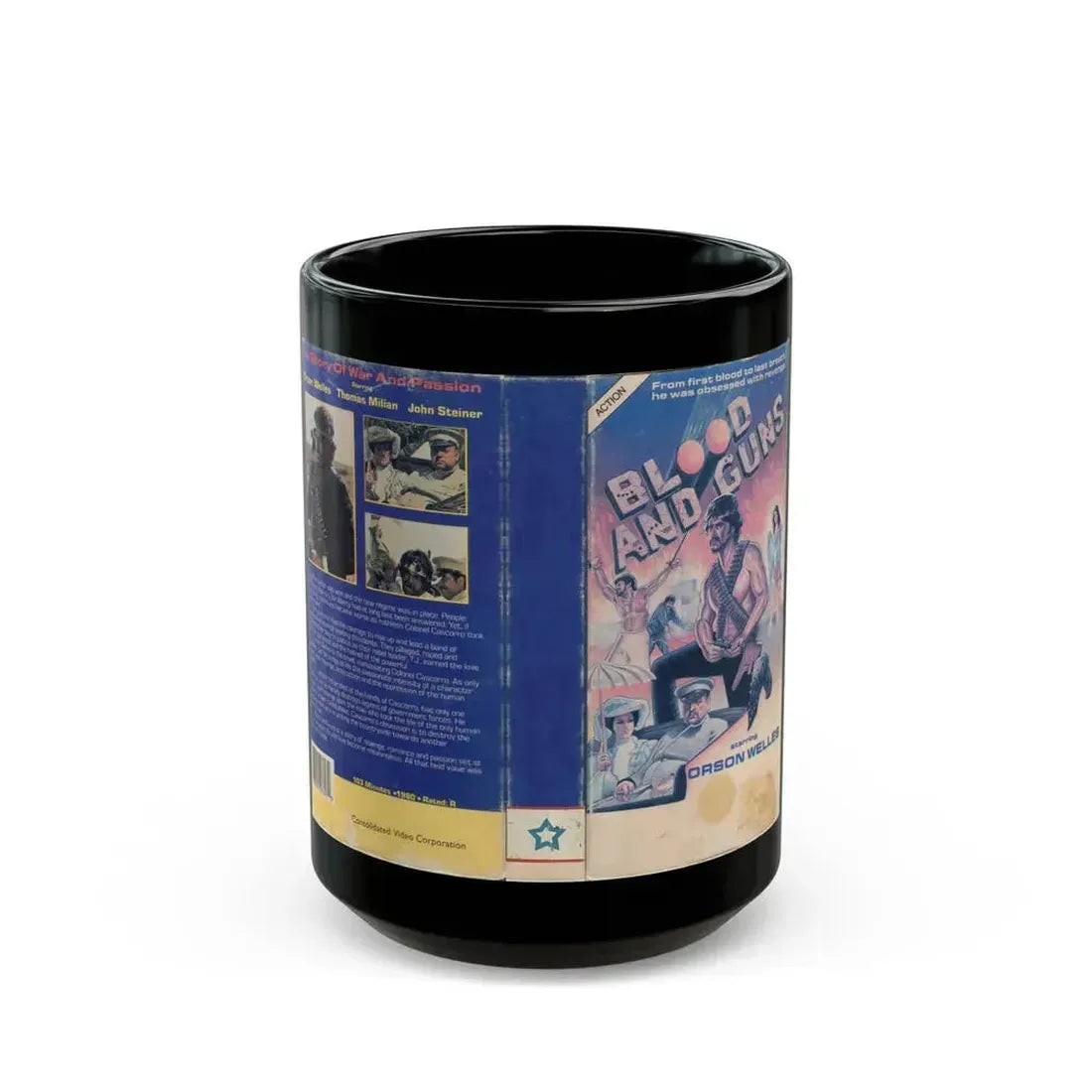 BLOOD AND GUNS (VHS COVER) - Black Coffee Mug 15oz - Go Mug Yourself