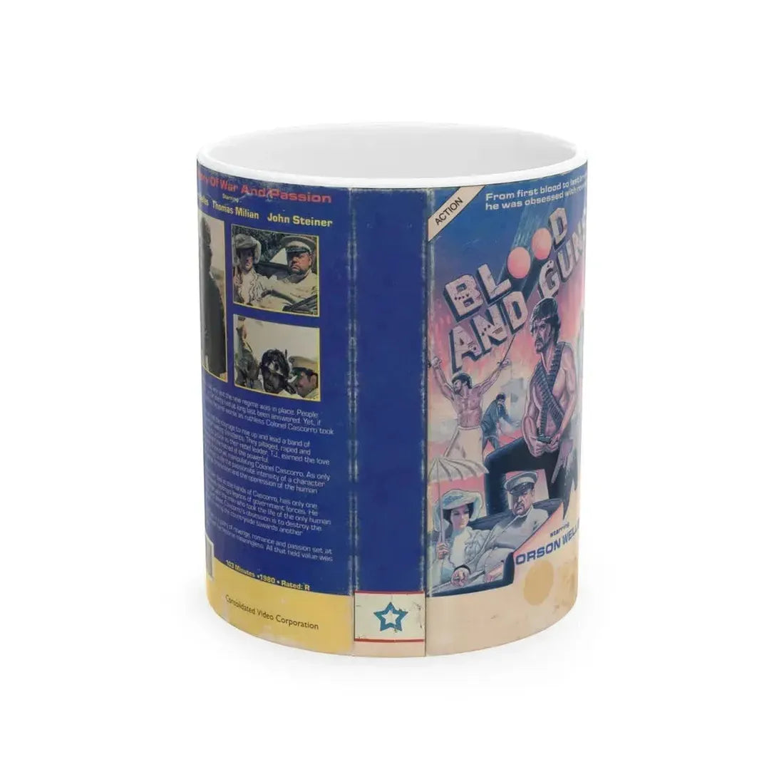 BLOOD AND GUNS (VHS COVER) - White Coffee Mug 11oz - Go Mug Yourself