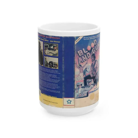 BLOOD AND GUNS (VHS COVER) - White Coffee Mug 15oz - Go Mug Yourself