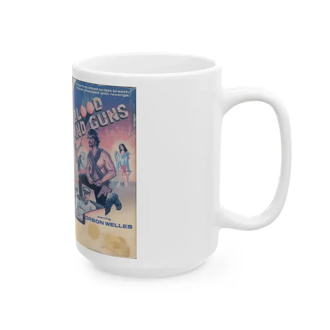 BLOOD AND GUNS (VHS COVER) - White Coffee Mug - Go Mug Yourself