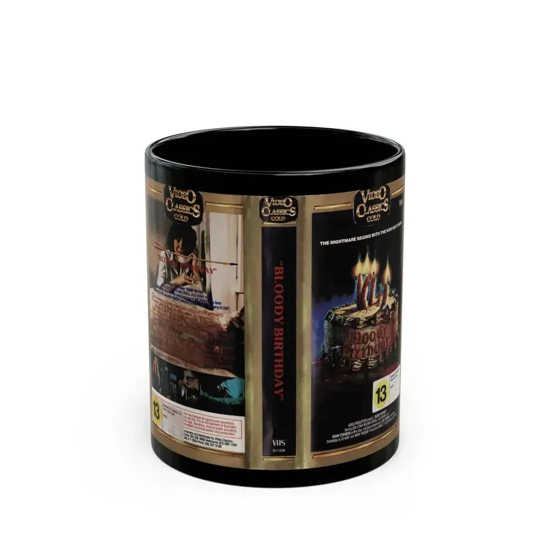 BLOODY BIRTHDAY VIDEO CLASSICS GOLD (VHS COVER) - Black Coffee Mug 11oz - Go Mug Yourself