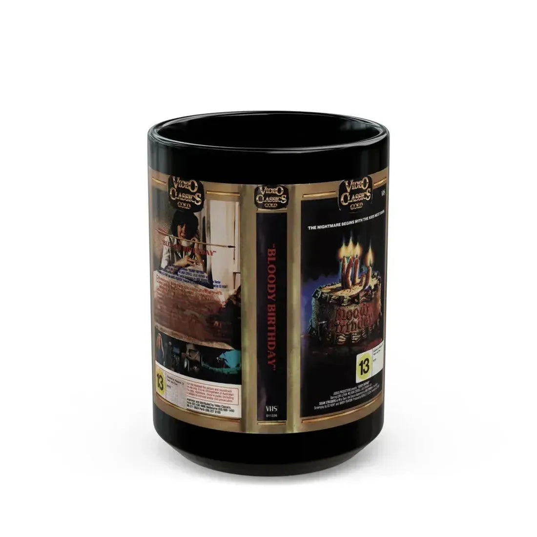 BLOODY BIRTHDAY VIDEO CLASSICS GOLD (VHS COVER) - Black Coffee Mug 15oz - Go Mug Yourself
