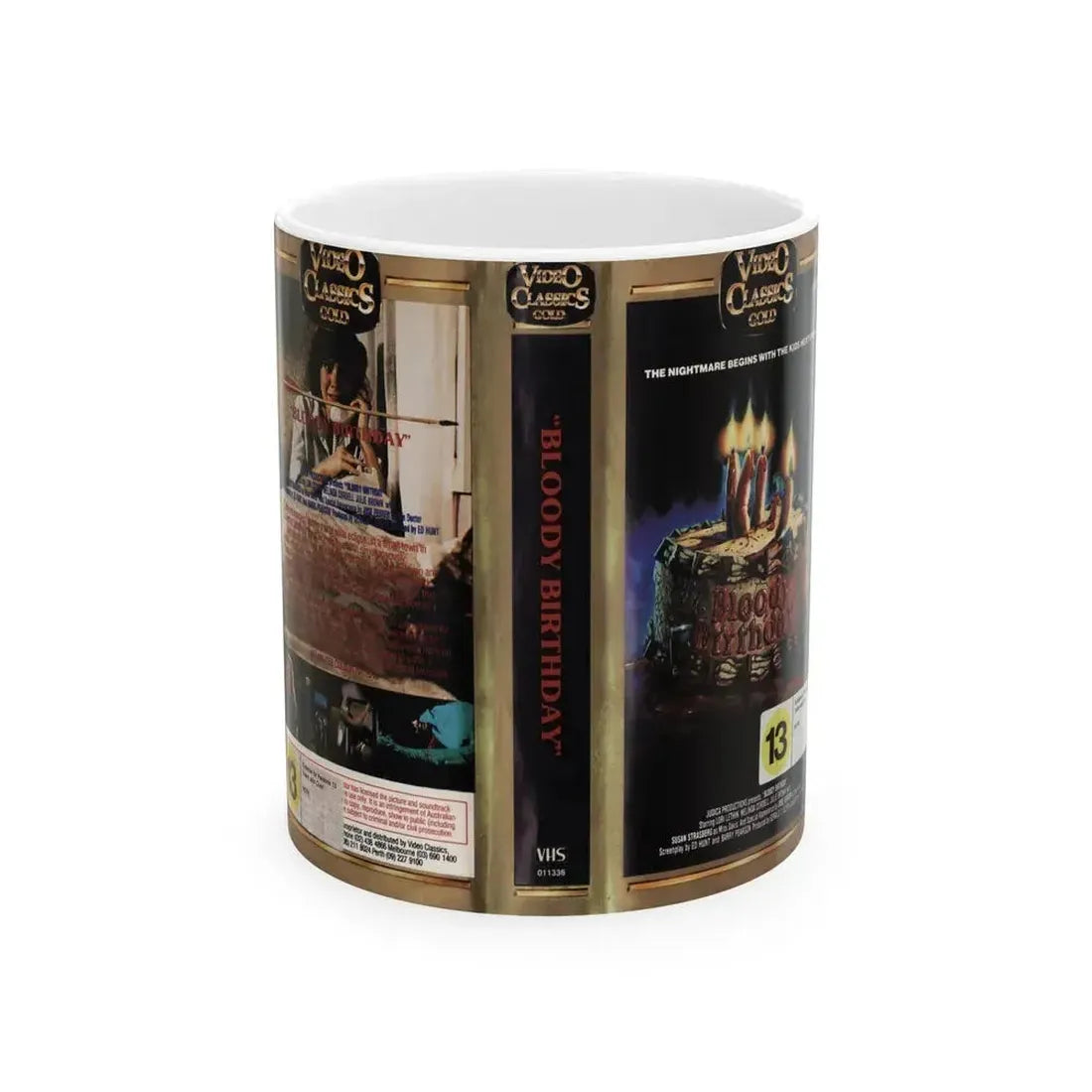 BLOODY BIRTHDAY VIDEO CLASSICS GOLD (VHS COVER) - White Coffee Mug 11oz - Go Mug Yourself
