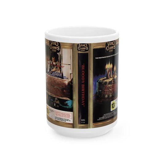 BLOODY BIRTHDAY VIDEO CLASSICS GOLD (VHS COVER) - White Coffee Mug-15oz-Go Mug Yourself