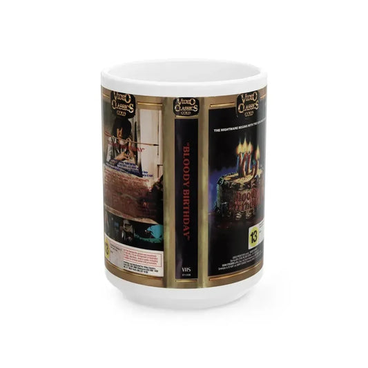 BLOODY BIRTHDAY VIDEO CLASSICS GOLD (VHS COVER) - White Coffee Mug 15oz - Go Mug Yourself