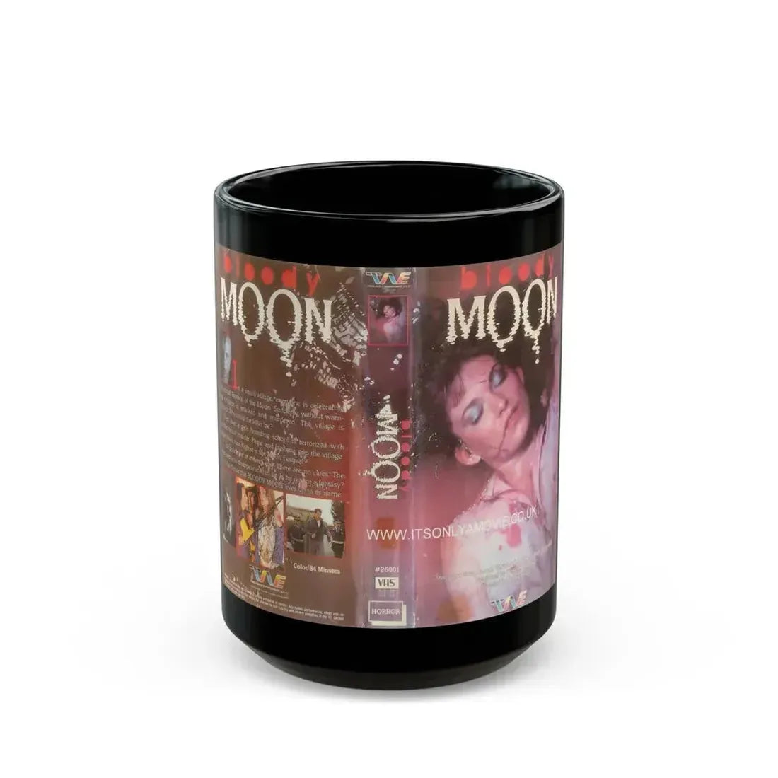 BLOODY MOON TRANS WORLD ENTERTAINMENT (VHS COVER) - Black Coffee Mug 15oz - Go Mug Yourself