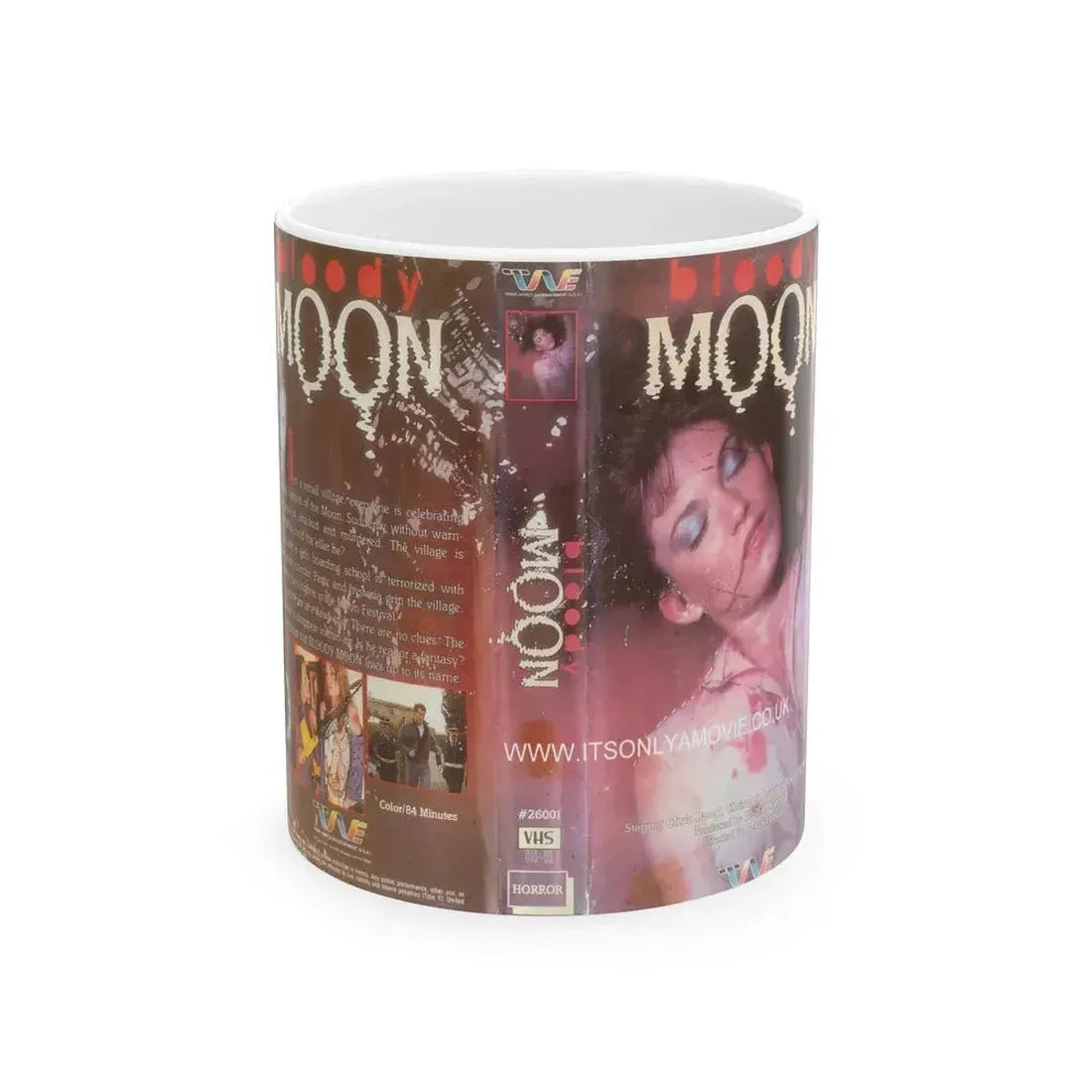 BLOODY MOON TRANS WORLD ENTERTAINMENT (VHS COVER) - White Coffee Mug 11oz - Go Mug Yourself