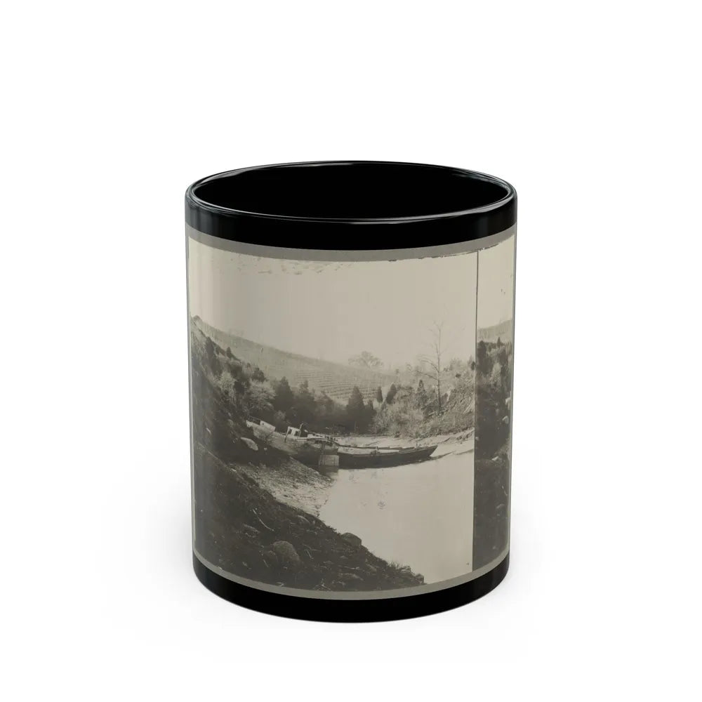 Boats Docked At The Shore Of A River In A Wooded Area (U.S. Civil War) Black Coffee Mug-11oz-Go Mug Yourself