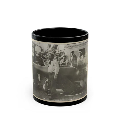 Boatswain Piping In Front Of Large Cannon On Deck Of U.S. Naval Warship; Other Sailors Standing In Background (U.S. Civil War) Black Coffee Mug-11oz-Go Mug Yourself