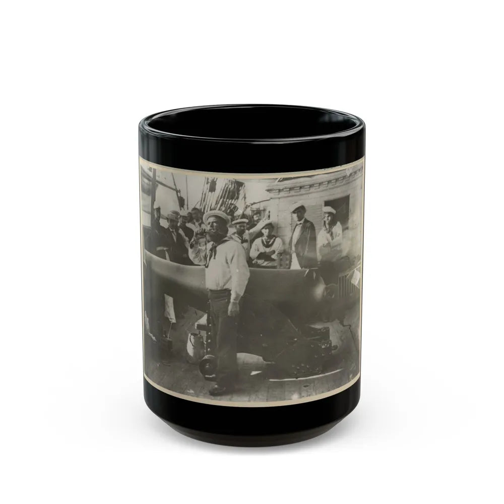 Boatswain Piping In Front Of Large Cannon On Deck Of U.S. Naval Warship; Other Sailors Standing In Background (U.S. Civil War) Black Coffee Mug-15oz-Go Mug Yourself