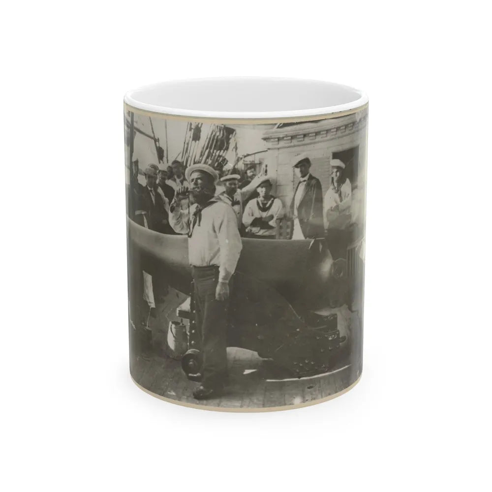 Boatswain Piping In Front Of Large Cannon On Deck Of U.S. Naval Warship; Other Sailors Standing In Background (U.S. Civil War) White Coffee Mug-11oz-Go Mug Yourself